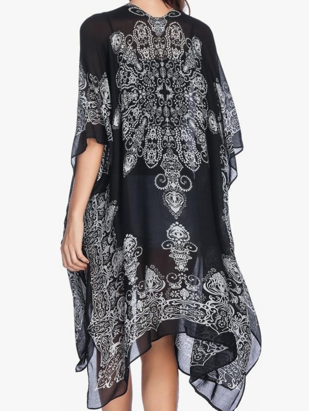 Cover up Swimsuit Kimono Bohemian Print Loose Casual Lightweight Navy & White OS